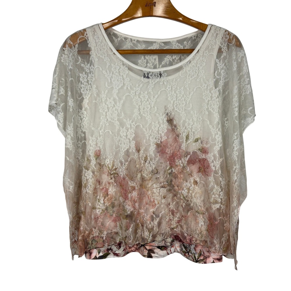 NAÏF Lace Overlay Floral Blouse Womens Small Romantic Cottagecore Sheer Top